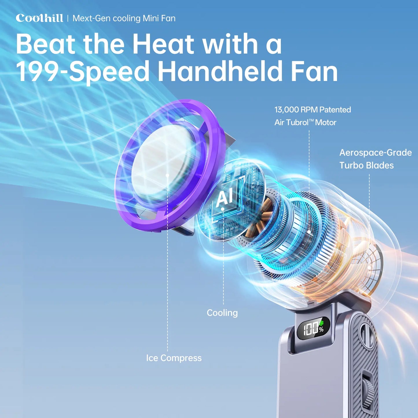 1s Instant Cool Portable Fan Digital Display Rechargeable Desktop & Neck Fan