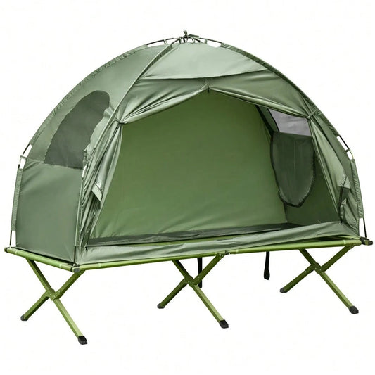 1 Person Folding Camping Cot, Portable Outdoor With Carry Bag, 2-In-1 Elevated Camping Bed Tent Single