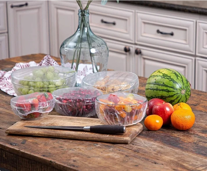 100PCS Disposable Stretch Food Covers for Bowls & Plates, Elastic Bowl Covers, Plastic Wrap Alternative for Leftovers, Fruits, Vegetables & Kitchen Food Storage