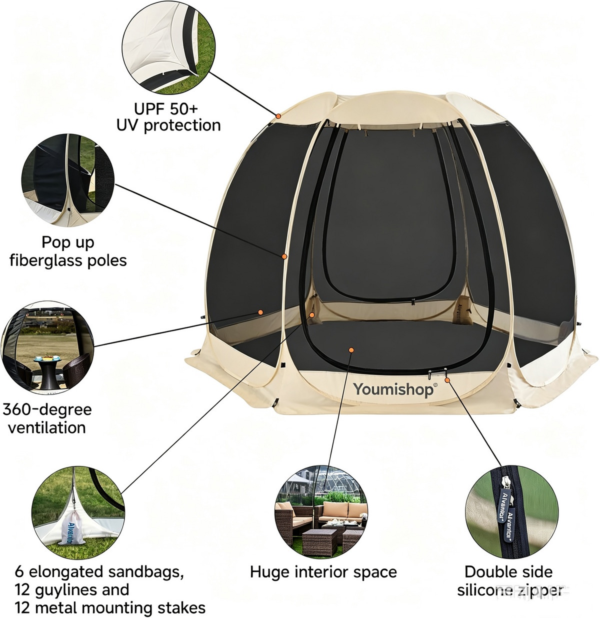 Youmiishop Pop Up Screen House Tent, Instant Outdoor Gazebo with Mosquito Netting & UPF 50+ Sun Protection, Portable Canopy Shelter for Patio, Backyard, Camping (2-10 Person)
