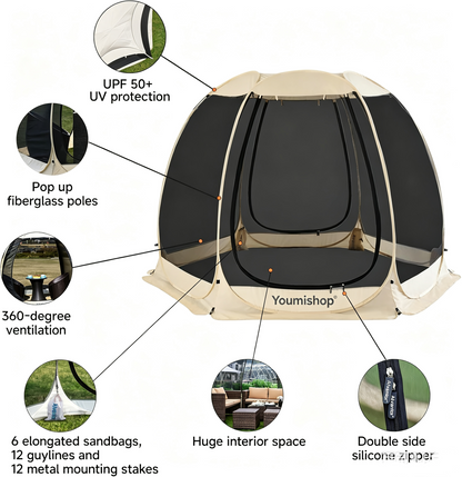 Youmiishop Pop Up Screen House Tent, Instant Outdoor Gazebo with Mosquito Netting & UPF 50+ Sun Protection, Portable Canopy Shelter for Patio, Backyard, Camping (2-10 Person)
