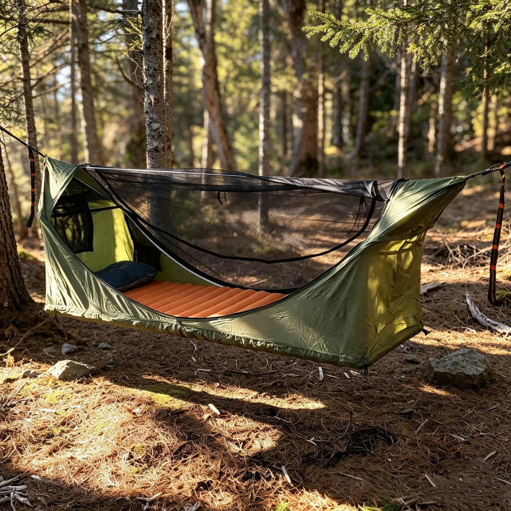 🔥⛺Outdoor Single-Person Flat-Fold Hammock Tent with Mosquito Net and Waterproof Outer Tent—for one person—ideal for backpacking, hiking, and camping—lightweight, comes with a sleeping pad
