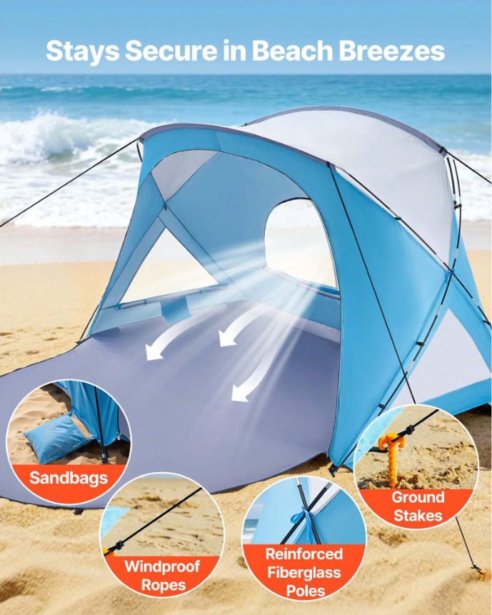 Beach Tent Sun Shelter For 6 Person, UPF 50+ Protection, Portable Sun Shade Canopy With Carrying Bag & Sand Pockets, Lightweight And Easy Setup Beach Umbrella For Family Camping Outdoor Picnic