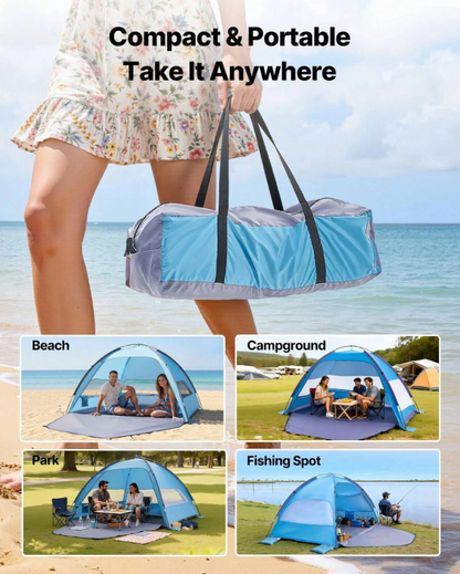 Beach Tent Sun Shelter For 6 Person, UPF 50+ Protection, Portable Sun Shade Canopy With Carrying Bag & Sand Pockets, Lightweight And Easy Setup Beach Umbrella For Family Camping Outdoor Picnic