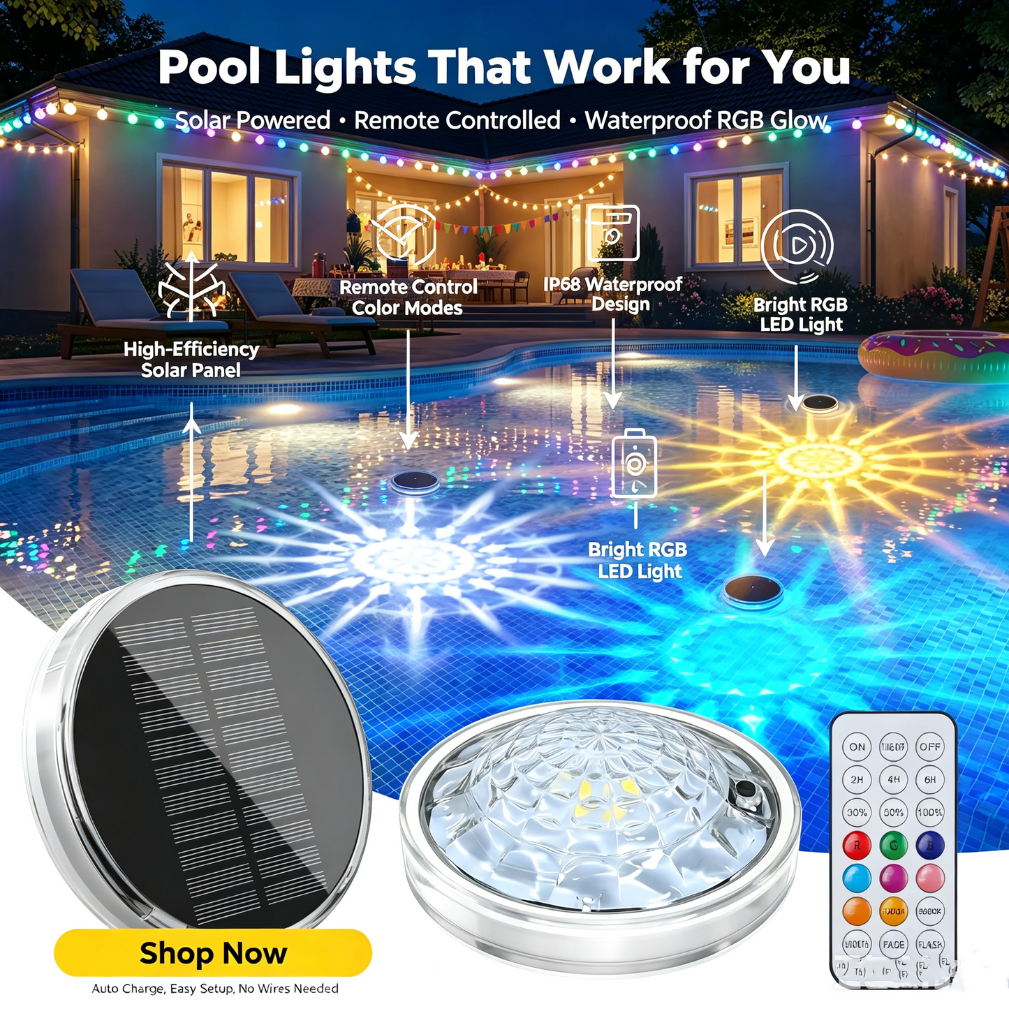 Solar-Powered Floating Pool Lights, RGB Pool Light Strips with Remote Control, IP68 Waterproof, Suitable for Above-Ground Pools, Pool Parties, In-Ground Pools, and Hot Tubs