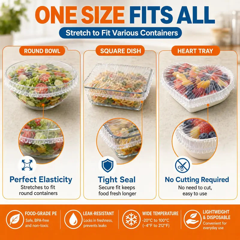 100PCS Disposable Stretch Food Covers for Bowls & Plates, Elastic Bowl Covers, Plastic Wrap Alternative for Leftovers, Fruits, Vegetables & Kitchen Food Storage