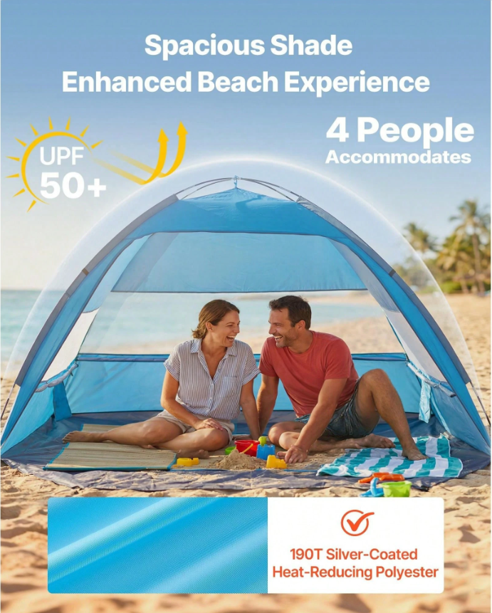 Beach Tent Sun Shelter For 6 Person, UPF 50+ Protection, Portable Sun Shade Canopy With Carrying Bag & Sand Pockets, Lightweight And Easy Setup Beach Umbrella For Family Camping Outdoor Picnic