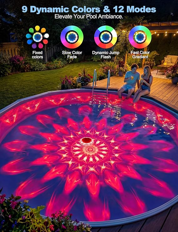 Solar-Powered Floating Pool Lights, RGB Pool Light Strips with Remote Control, IP68 Waterproof, Suitable for Above-Ground Pools, Pool Parties, In-Ground Pools, and Hot Tubs