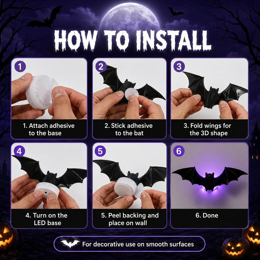 🦇 3D Bat Light LED Decorations - Halloween Spooky Ornaments