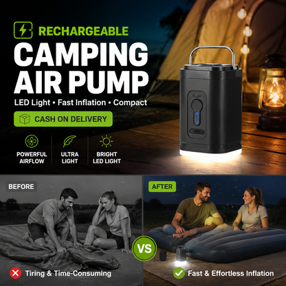 🏕️ Rechargeable Camping Air Pump – LED Light, Fast Inflation, Compact & Portable