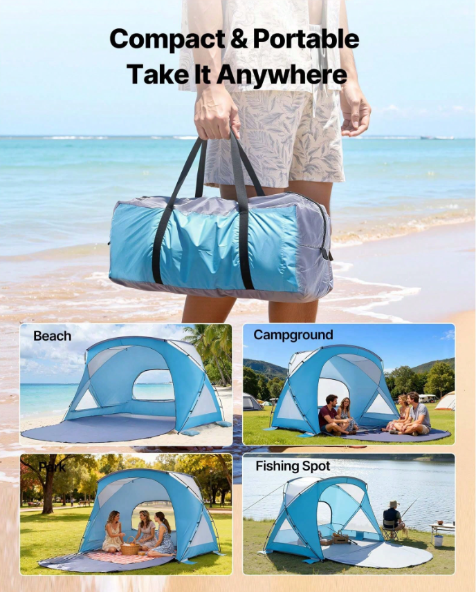Beach Tent Sun Shelter For 6 Person, UPF 50+ Protection, Portable Sun Shade Canopy With Carrying Bag & Sand Pockets, Lightweight And Easy Setup Beach Umbrella For Family Camping Outdoor Picnic