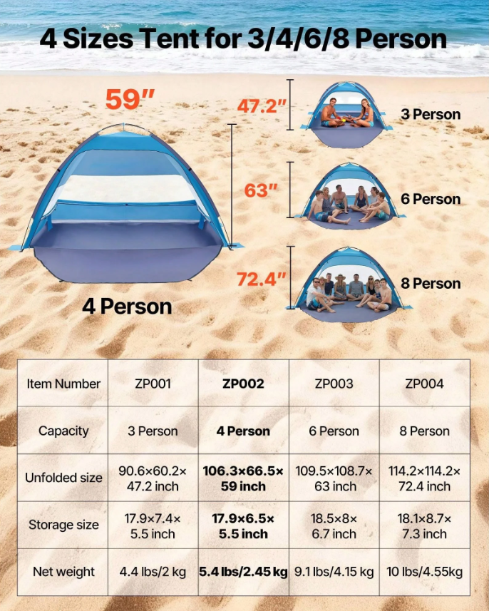 Beach Tent Sun Shelter For 6 Person, UPF 50+ Protection, Portable Sun Shade Canopy With Carrying Bag & Sand Pockets, Lightweight And Easy Setup Beach Umbrella For Family Camping Outdoor Picnic