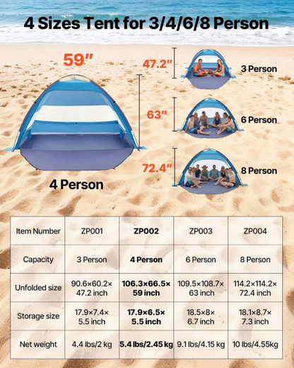 Beach Tent Sun Shelter For 6 Person, UPF 50+ Protection, Portable Sun Shade Canopy With Carrying Bag & Sand Pockets, Lightweight And Easy Setup Beach Umbrella For Family Camping Outdoor Picnic