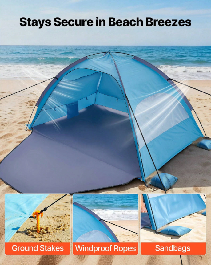 Beach Tent Sun Shelter For 6 Person, UPF 50+ Protection, Portable Sun Shade Canopy With Carrying Bag & Sand Pockets, Lightweight And Easy Setup Beach Umbrella For Family Camping Outdoor Picnic
