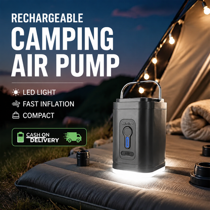 🏕️ Rechargeable Camping Air Pump – LED Light, Fast Inflation, Compact & Portable