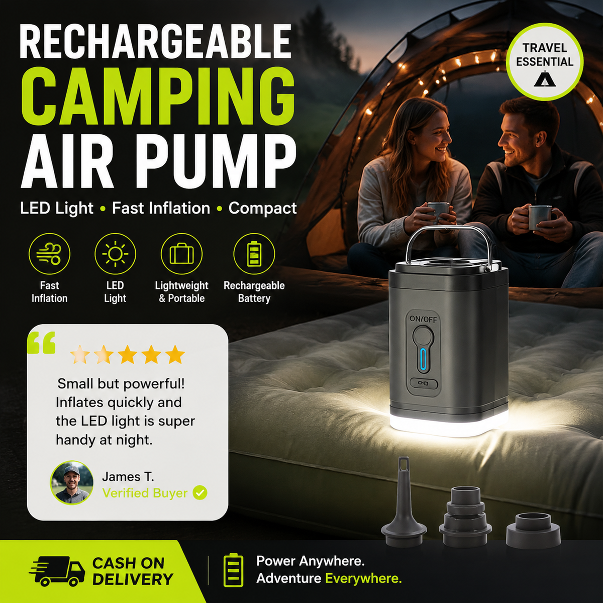 🏕️ Rechargeable Camping Air Pump – LED Light, Fast Inflation, Compact & Portable