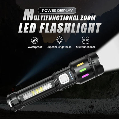 💎 Multifunctional Zoom LED Flashlight with Power Display – 500m Range, USB-C & 4 Lighting Modes