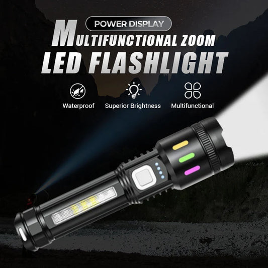 💎 Multifunctional Zoom LED Flashlight with Power Display – 500m Range, USB-C & 4 Lighting Modes