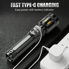 💎 Multifunctional Zoom LED Flashlight with Power Display – 500m Range, USB-C & 4 Lighting Modes