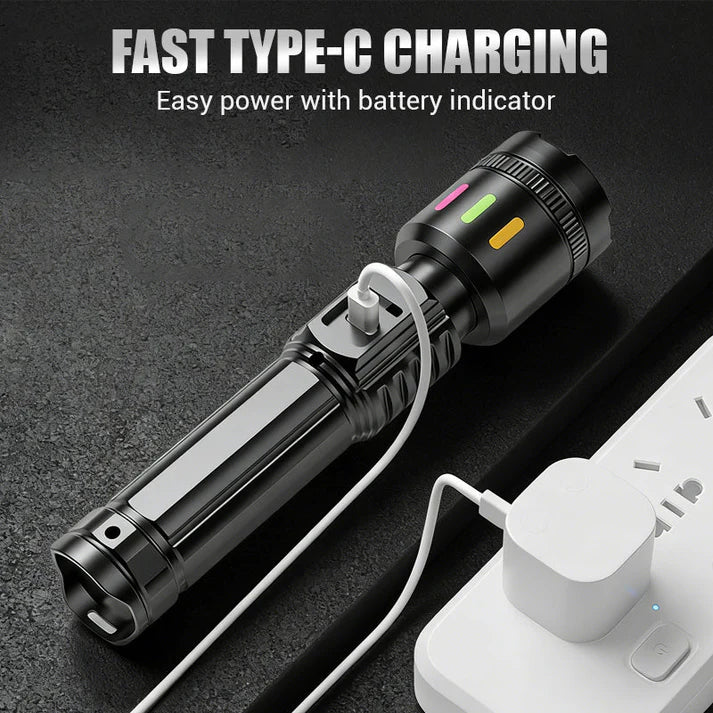 💎 Multifunctional Zoom LED Flashlight with Power Display – 500m Range, USB-C & 4 Lighting Modes