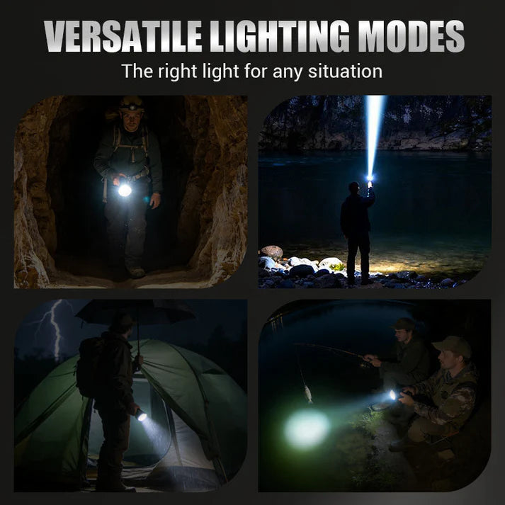 💎 Multifunctional Zoom LED Flashlight with Power Display – 500m Range, USB-C & 4 Lighting Modes